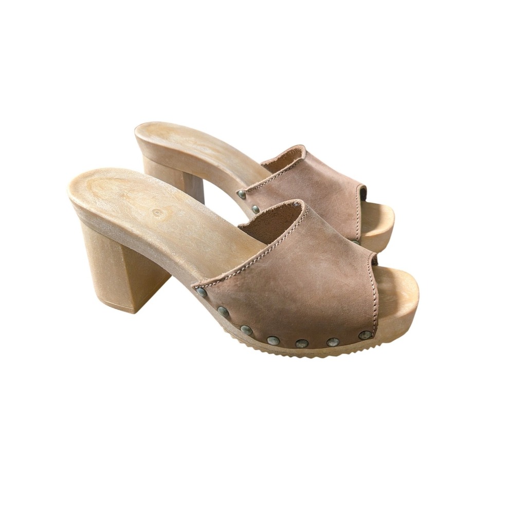 Vintage 80s Italian Boho Chic Wooden Studded Leather Suede Open Toe Clogs